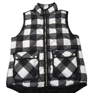 Woolrich Down Vest Womens Small Black White Plaid Pockets‎ Quilted Full Zip
